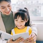 Mother and daugther practising chinese oral